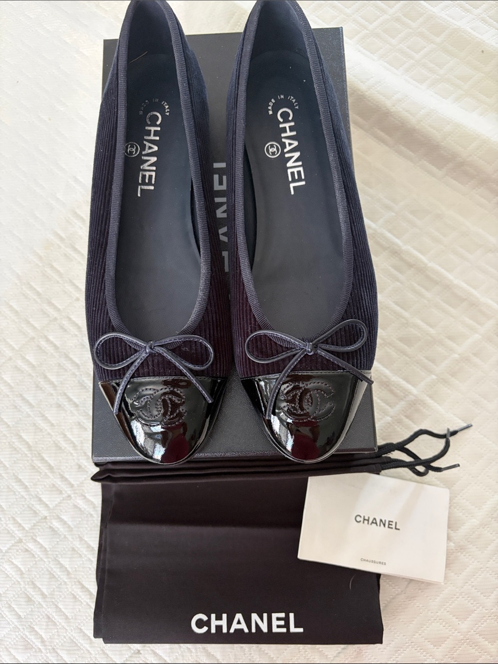 CHANEL Navy Corduroy Ballerina Flats with Patent Cap Toe
